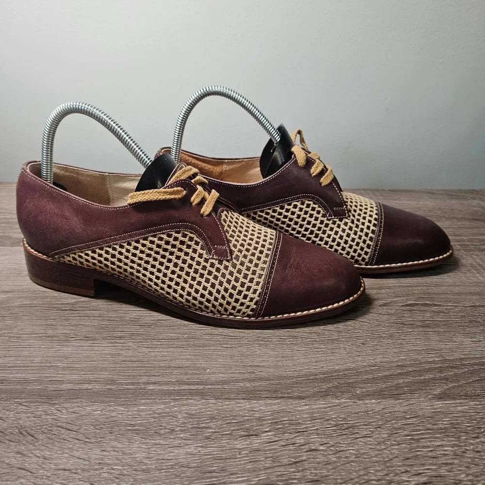Famolare Mens Woven Leather Mesh Cap Toe Oxford Shoes Burgundy Brown Size 9.5 M